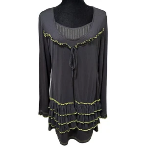 Figure Libre Black Ruffle Hem Tunic Top Large Lime Stitch Tie Front Boho Layered - Picture 1 of 6