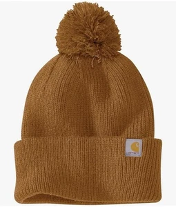 Carhartt Brown Knit Pom-Pom Cuffed Beanie Women's One Size AH6003-W NWT - Picture 1 of 4