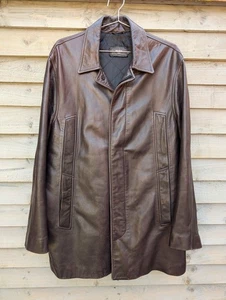 Reiss London Mens Large Brown Leather Vintage Y2K Mid Length Jacket Coat UK Made - Picture 1 of 18