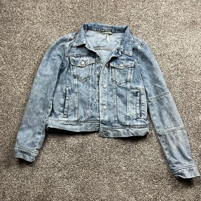 Free People Jacket Women L Acid Wash Denim Trucker Blue Light Wash Button Front - Image 1 of 4