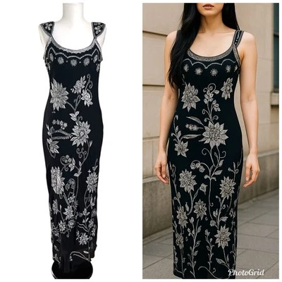 Y2K Adrianna Papell Silk Beaded Maxi Dress 10 Floral Embroidery Whimsigoth Gala  - Image 1 of 4