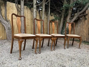 Antique Walnut Slat Back Queen Anne Drop Seat Country Style Dining Chairs x 4 - Picture 1 of 18