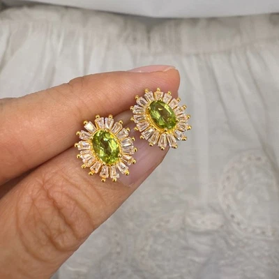 925 Sterling Silver Earrings Green 6x4mm Natural Peridot Gemstone Zircon Women - Image 1 of 4