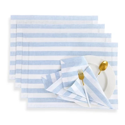 Linen Placemats Set of 4 - Sorrento Stripe Blue and White Placemats 14 x 19 I... - Image 1 of 4