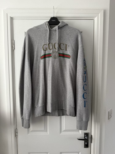 Gucci Felpa con Cappuccio Grigio Logo Drago Ricamo Oversize Made In Italy