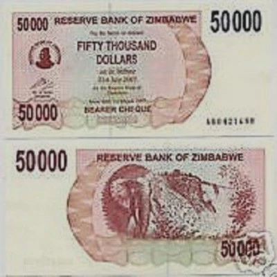 ZIMBABWE 50000 DOLLARS P-47 2007 ELEPHANT VICTORIA FALLS UNC ANIMAL NOTE - Image 1 of 4
