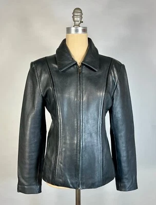 Chaqueta De Colección Años 90 Cuero Negro JONES NEW YORK Cremallera Frontal con Costuras A Medida Pequeña Foto 1 de 4