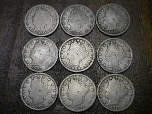 Liberty V Nickel Lot-Lot of 9 Coins-1904 through 1912P-For your Album-SEE PICS!! - Picture 1 of 23