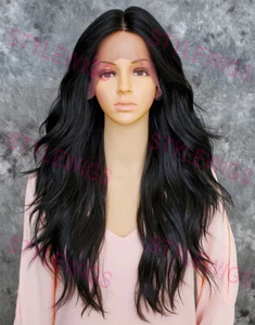 Jet Black Long Loose Wavy Heat OK Human Hair Blend Lace Front Wig EVEX 1 - Picture 1 of 8