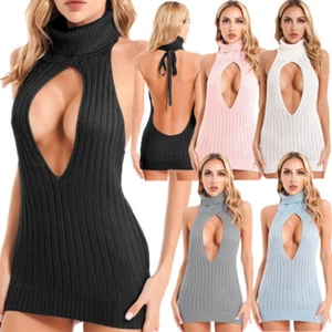 Women Backless Turtleneck Knitted Mini Bodycon Dress Knitwear Clubwear Nightwear - Picture 1 of 49