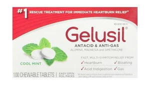 Gelusil Antacid Tablets Heartburn Bloating Relief Anti-Gas Cool Mint 100Ct Pills - Picture 1 of 4