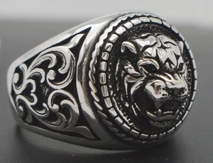 925 Sterling Silver Men's King Tiger Head Ring 12.7gr 18.2 mm Size 8 9 10 12 - Picture 1 of 4