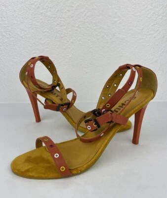 Schutz Strappy Heels Pumps Orange Leather Velvet Multicolor Brazil Sz 9 Y2K - Image 1 of 4