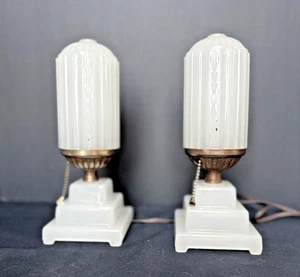 Paar antike 30er Jahre Houze Glas weiß Boudoir SkyScraper Lampen FUNKTIONIEREN - Bild 1 von 7