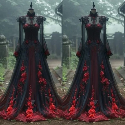 Rojo Negro Gótico Vestidos de Novia Cuello Alto Encaje 3D Floral Vintage Vestidos de Novia Foto 1 de 4
