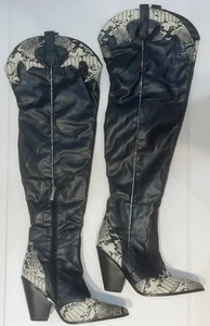 DAMEN GRÖßE UK 6,5 EU 40 OVERKNEE SCHLANGENLEDER DESIGN SCHWARZ UND BEIGE STIEFEL NEU - Bild 1 von 9
