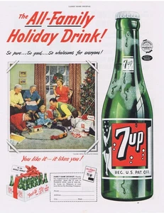 1950 7up Weihnachten Spielzeug Zug 7up Cooler Familie Weihnachtsbaum Druck Werbung - Bild 1 von 1