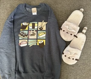 Preowned Pusheen Gray Sweatshirt w/ Sushi Graphic + Pusheen Slippers Set, Small - Picture 1 of 15