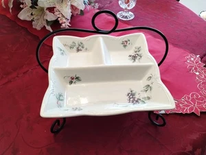 Pfaltzgraff Grapevine Divided Relish, Tidbit, Chip/Dip Tray & Rod iron Stand - Picture 1 of 6