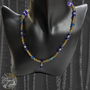 Womens Handmade Gold Blue Teal Glass Seed Bead Necklace Fashion Jewelry - Picture 1 of 4