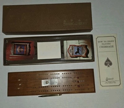 VTG Hoyle Stancraft Cribbage Board Set Walnut Continuous Track Travel Card Kit  - Image 1 of 4