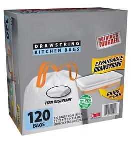 Sacchetti della spazzatura bianchi da cucina alti, 13 galloni, 120 sacchetti (cordino espandibile, 20% - Foto 1 di 4