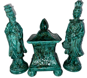 vintage 1974 3pc chinoiserie ceramic man women pair matching Asian pagoda 14" - Picture 1 of 23