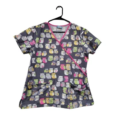 Scrub H.Q. Women's Gray Pink Owl Scrub Top Shirt No Size - Image 1 of 4
