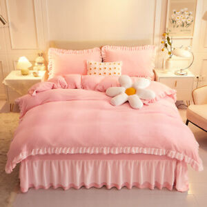 bedding set 4pcs velvet soft anti static duvet cover bed skirt lace weighted new