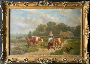 Samuel Joseph Clark (1834-1912) c19th DAIRY FARM CATTLE LANDSCAPE OIL PAINTING - Picture 1 of 14