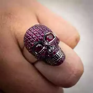 3.1 Ct Round Lab Created Ruby Men's Skull Shape Pinky Ring 14k White Gold Plated - Picture 1 of 5