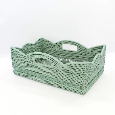 Tight Woven Scalloped Rattan Coffee Table Tray with Handles, Luxury Home Decor - Image 1 of 4