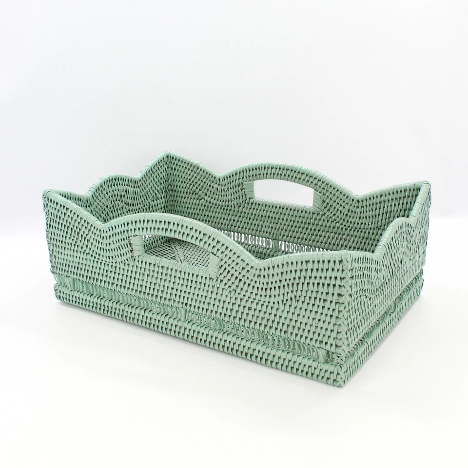 Tight Woven Scalloped Rattan Coffee Table Tray with Handles, Luxury Home Decor - Image 1 of 4