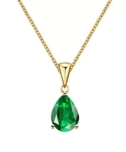 14K GOLD EP PEAR CUT EMERALD SIMULATED NECKLACE WITH 20 inch CHAIN - Picture 1 of 2