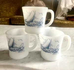 3 tazas de café Currier & Ives Glasbake blancas de vidrio con leche azul velero barcos agua - Imagen 1 de 3