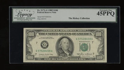 DBR 1985 $100 FRN Chicago Fr. 2171-G Legacy 45 PPQ Serial G57528459A - Image 1 of 2