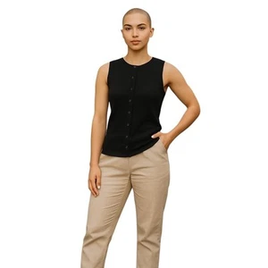 Women Black Lightweight Ribbed Button Front Sleeveless Top Size XXL NWOT - Picture 1 of 7