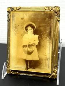 Antique Gold Framed Ambrotype or Daguerrotype Phtoto Young Girl w/ Egg Basket - Picture 1 of 8