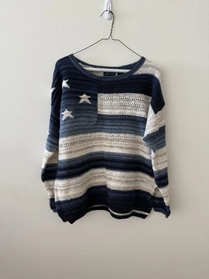 Suéter Polo Ralph Lauren Feminino Grande Bandeira Americana Azul Branco Malha Listra Estrela - Imagem 1 de 4