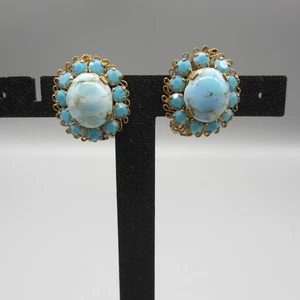 Vintage Austria Ohrringe blau Glas marmoriert Cabochon Strass goldfarben Clip - Bild 1 von 7
