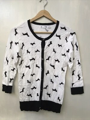 Cárdigan suéter 7th Avenue NY & Co Dachshund estampado de perro negro blanco talla XS Foto 1 de 3