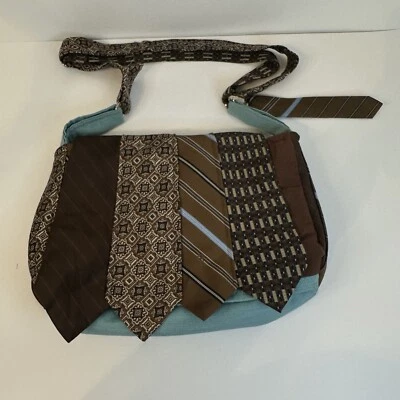 Bolso Bandolera Hecho a Mano Reciclado Para Hombres Diseñador Vintage Cuello Corbata Marrón Azul Foto 1 de 4