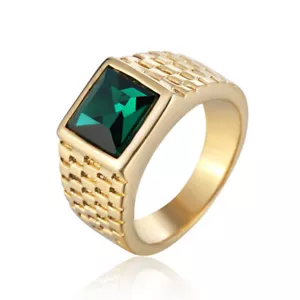 Gold Plated Green CZ Wedding Ring Stainless Steel Men's Vintage Biker Punk Ring - Picture 1 of 4