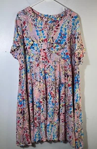 Womens Ott Tiered Ruffle Short Sleeve Floral Dress Pink Tan Blue 2X NWT Rayon - Picture 1 of 11