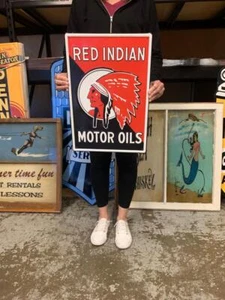 Antique Vintage Old Style Sign Red Indian Motor Oil Made USA - Picture 1 of 2