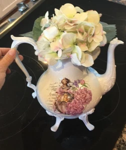 Vintage Shabby Chic Pink Roses Distressed crackle Victorian Tea Pot Time Cottage - Picture 1 of 7