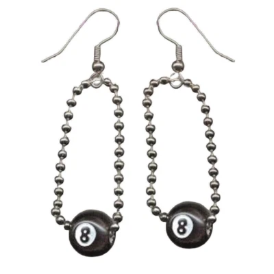Funky Punk EIGHT 8-BALL CHAIN EARRINGS Retro Emo Pool Billiards Novelty Jewelry - Image 1 of 2