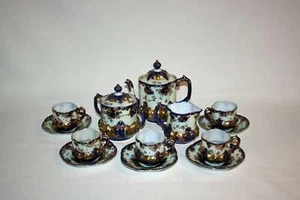 RAR Antik Louis XV Stil 16 teiliges Teeservice in Kobaltblau Erhöhtes Gold Vergoldet - Bild 1 von 10