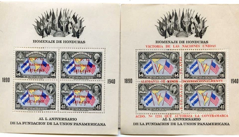 2 DIFFERENT HONDURAS SOUVENIR SHEETS 1940 OVERPRINT 1949 U.P.U MINT NH P.O FRESH Cover
