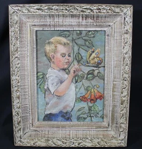 Vintage acrylic Painting Of Boy With Butterfly Signed Laney D. In Frame - Picture 1 of 7
